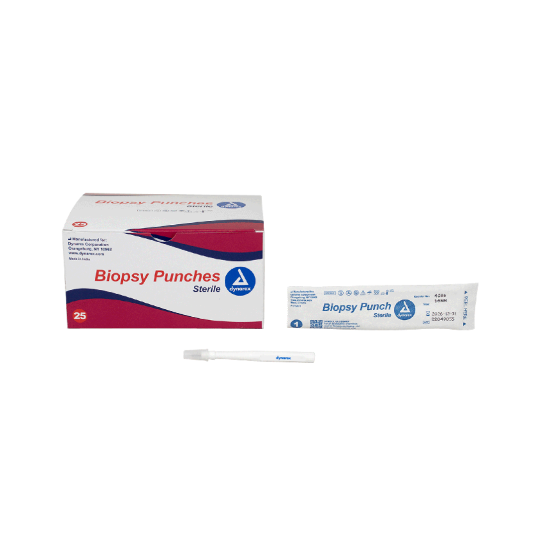 A box of Dynarex Sterile Biopsy Punches, featuring one individually packaged and one unpackaged sterile instrument in front. The packaging is white, red, and blue and labeled “Biopsy Punches Sterile.”.